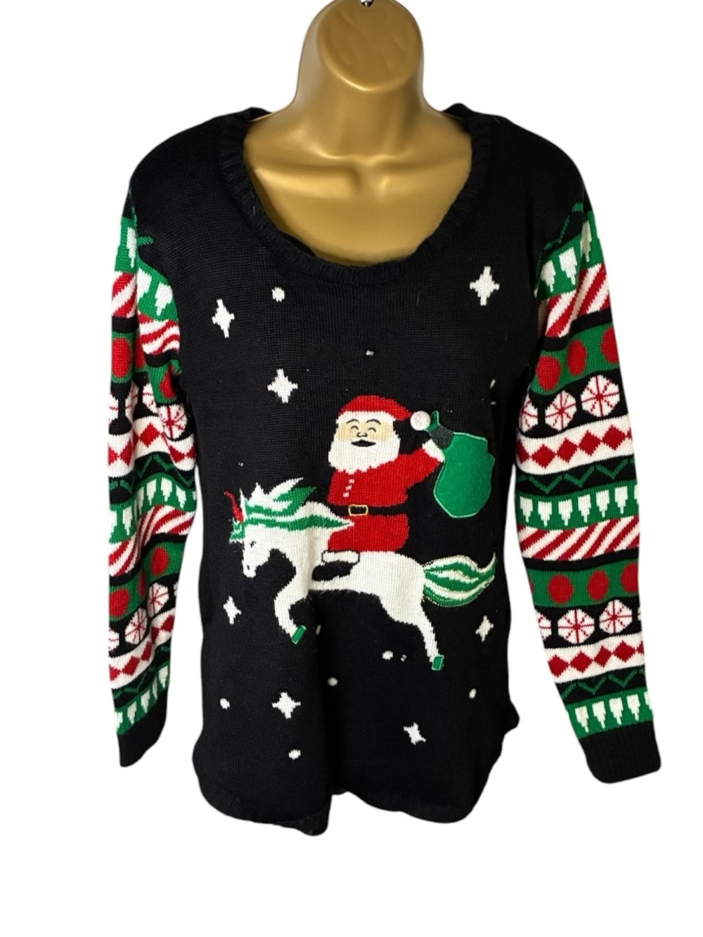 No Boundaries Ugly Christmas Sweater Santa Unicorn Light Up Black XL 15-17